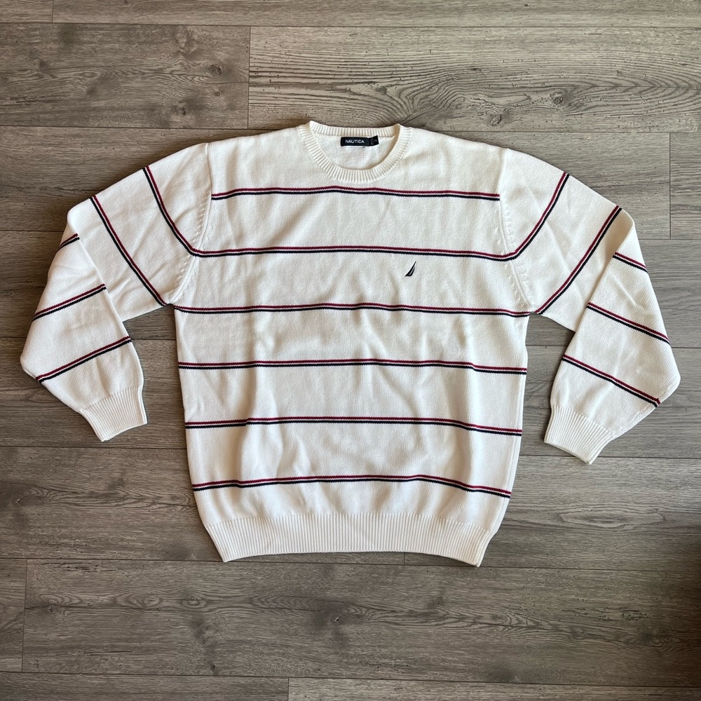 Nautica Men’s Crewneck Pullover Sweater Stripes Ivory Red Vintage 90s Style XXL